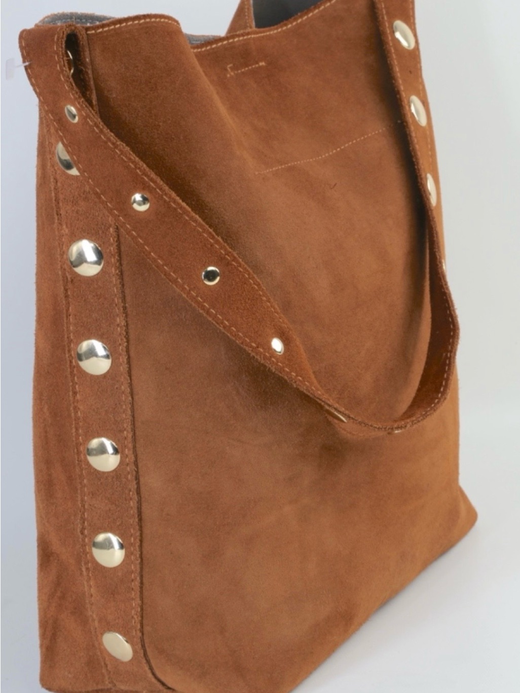 Cheval Firenze Genuine Suede Made In Italy Gold Studded Shoulder Tote In Brown
